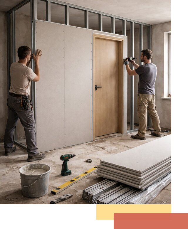 Перегородка из гипсокартона с дверью под ключ в Рославле