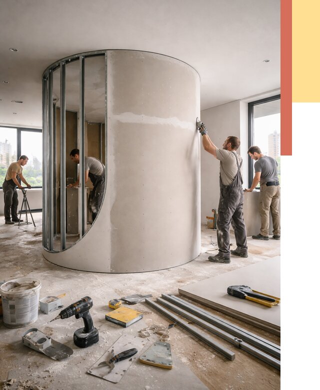 Радиусная перегородка из гипсокартона в Рославле от 2980 руб. под ключ | ОТДЕЛОЧНИК-Рлв