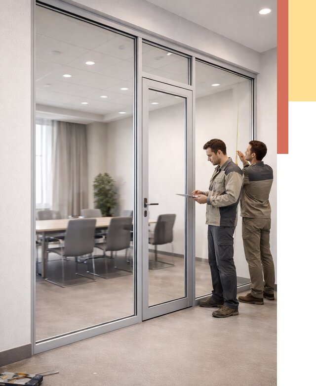 Установка и монтаж алюминиевых перегородок со стеклом в Рославле от 8426 руб. | ОТДЕЛОЧНИК-Рлв