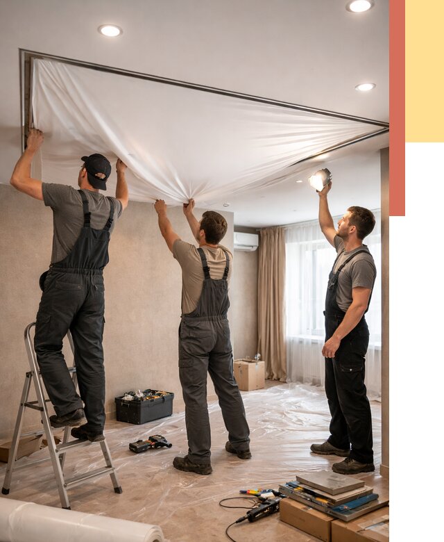 Монтаж ПВХ натяжного потолка в Рославле от 3597 руб. под ключ | ОТДЕЛОЧНИК-Рлв