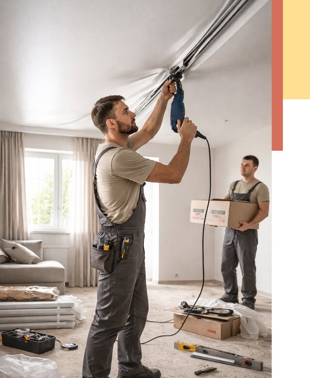 Монтаж сатинового натяжного потолка в Рославле от 3597 руб. | Быстро, недорого — ОТДЕЛОЧНИК-Рлв