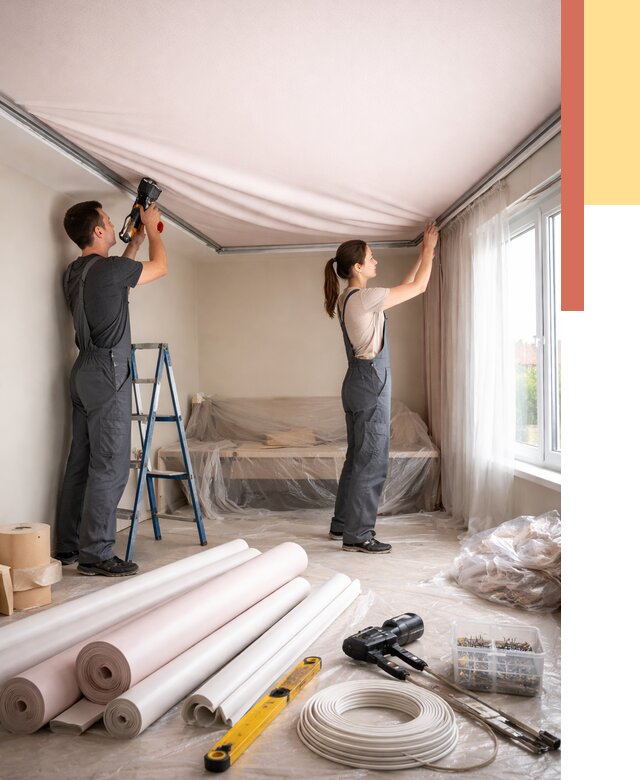 Монтаж цветного натяжного потолка в Рославле от 4316 руб/м² — быстро и недорого | ОТДЕЛОЧНИК-Рлв