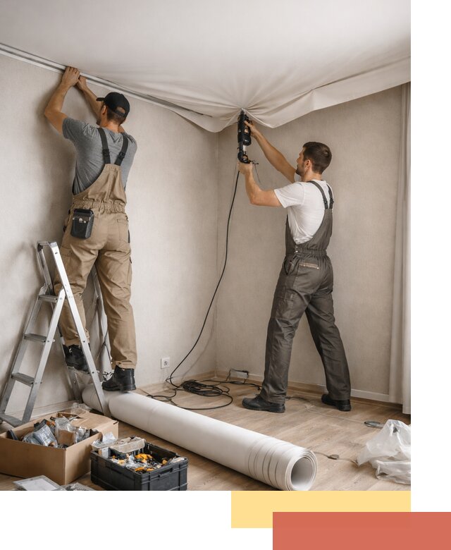 Монтаж цветного натяжного потолка в Рославле за один день