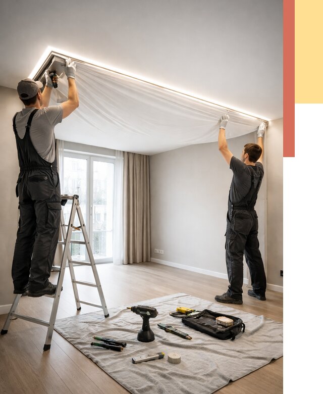 Монтаж парящего натяжного потолка в Рославле от 4624 руб. быстро и недорого | ОТДЕЛОЧНИК-Рлв