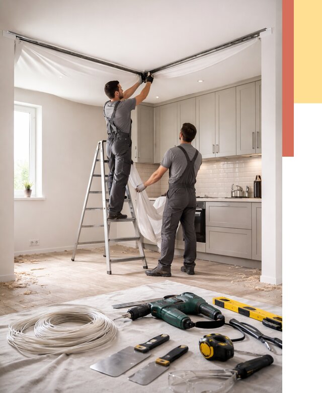 Установка натяжного потолка на кухне в Рославле от 2466 руб. | ОТДЕЛОЧНИК-Рлв