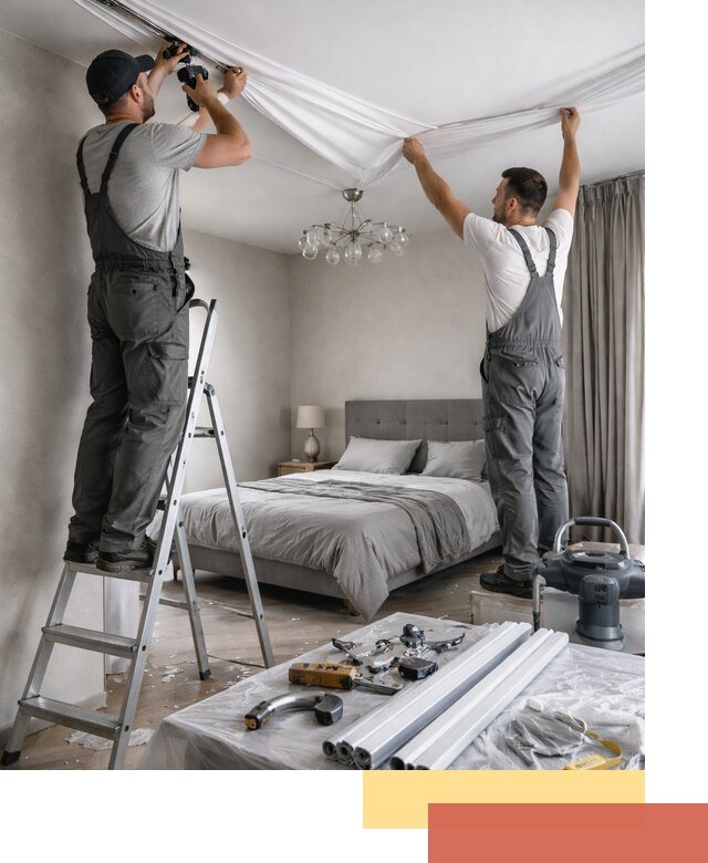 Монтаж натяжного потолка в спальне в Рославле