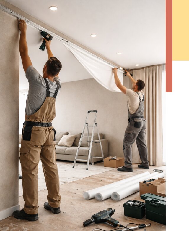 Монтаж натяжного потолка в гостиной в Рославле от 565 руб. | ОТДЕЛОЧНИК-Рлв