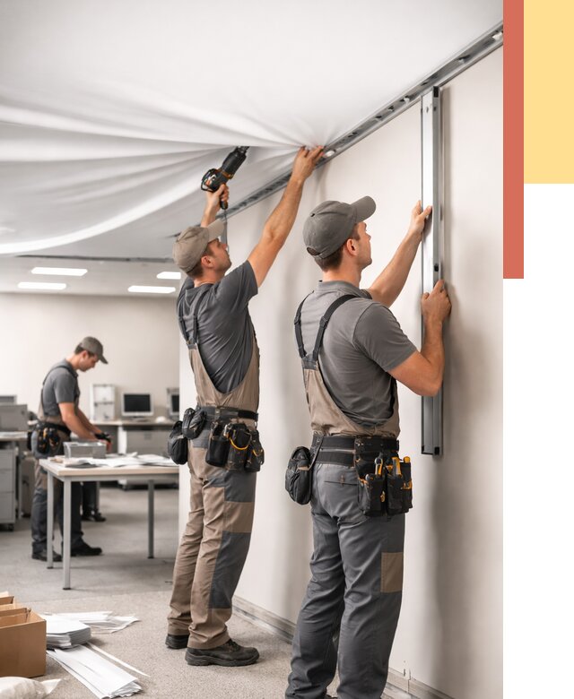 Монтаж натяжного потолка в офисе в Рославле от 462 руб/м² — быстро и недорого | ОТДЕЛОЧНИК-Рлв