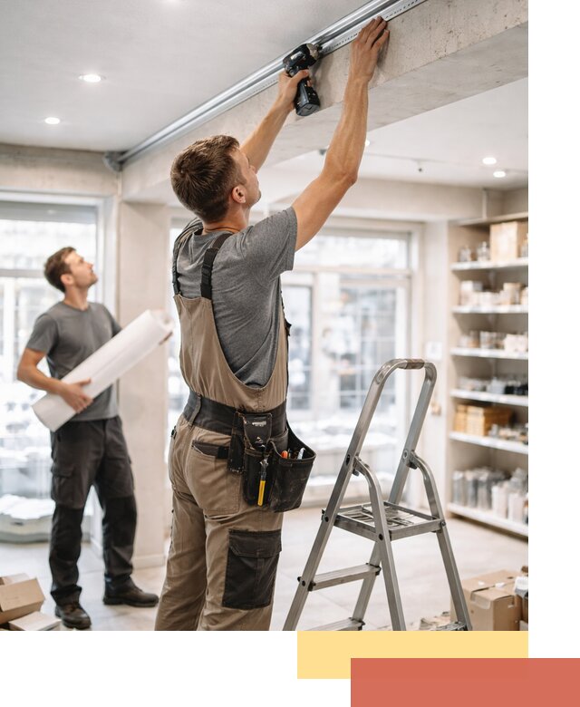 Монтаж натяжных потолков в магазине в Рославле