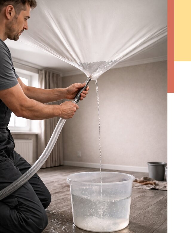 Слив воды с натяжного потолка в Рославле от 2569 руб. быстро и недорого | ОТДЕЛОЧНИК-Рлв