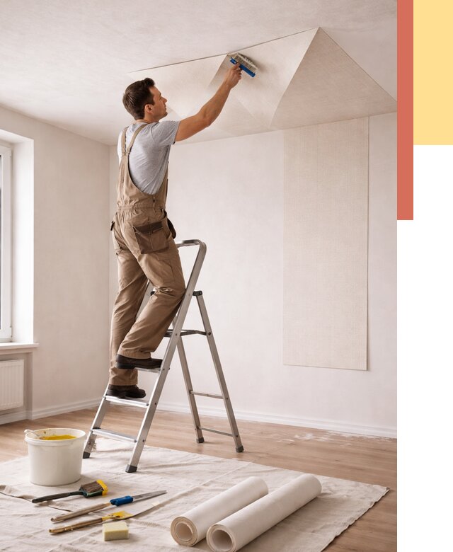 Поклейка обоев на потолок в Рославле от 4624 руб. быстро и недорого | ОТДЕЛОЧНИК-Рлв